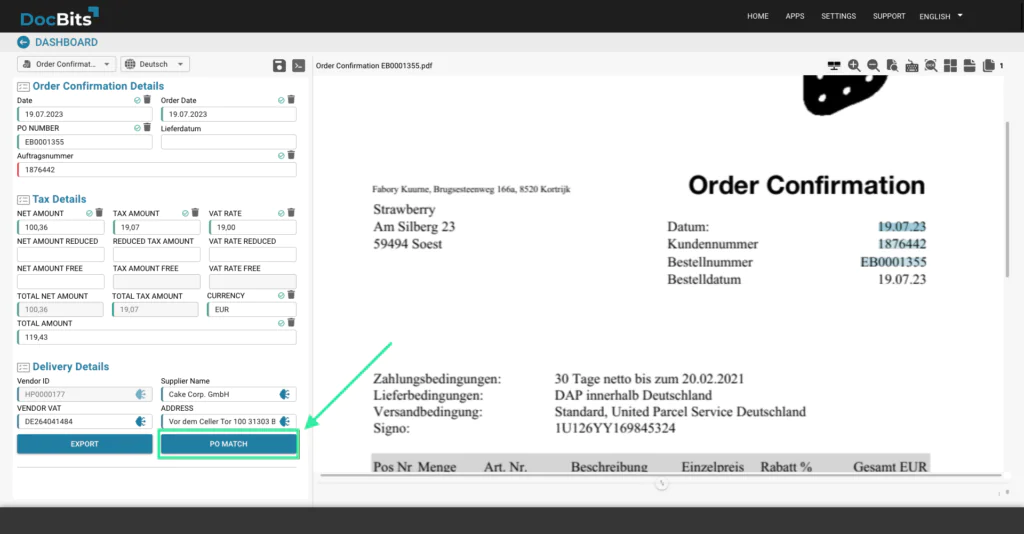 DocBits Dashboard zeigt automatischen Bestellabgleich und Drei-Wege-Matching zwischen Bestellung, Wareneingang und Rechnung