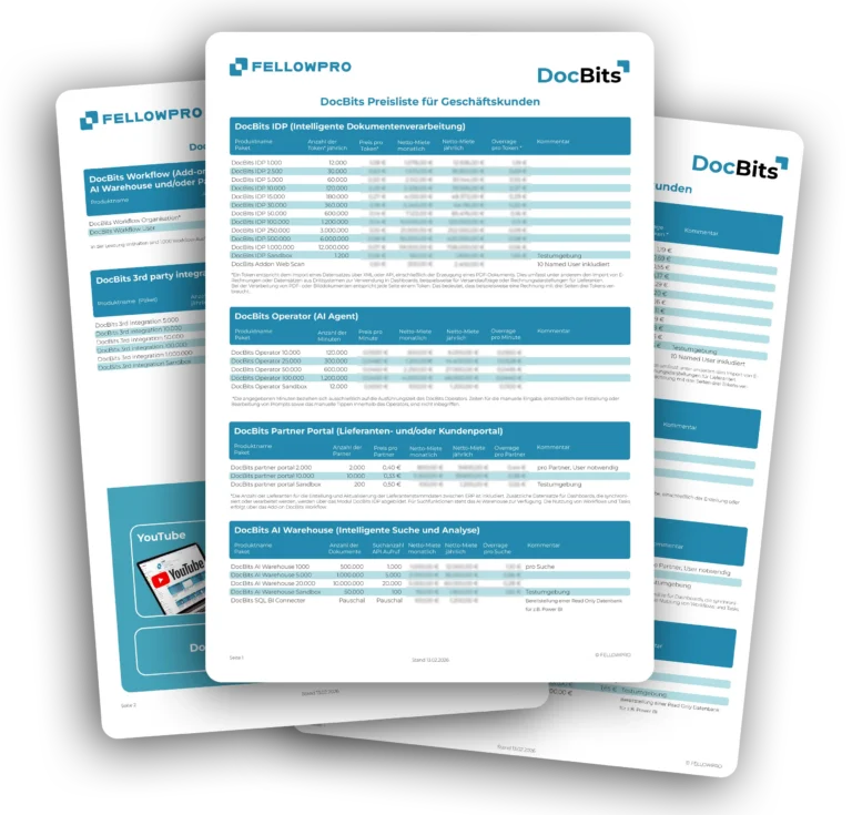 Three DocBits price lists for business customers with overview of all modules, packages, and pricing