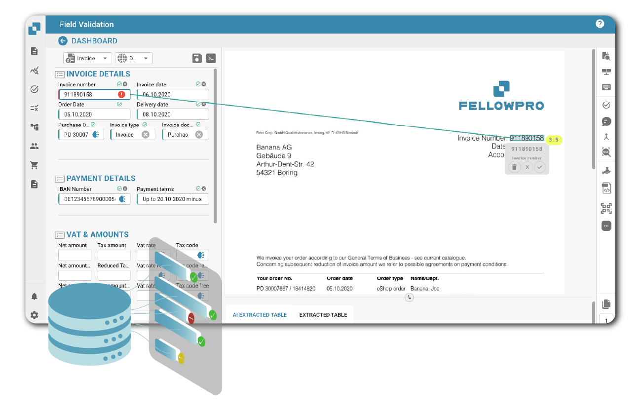 DocBits KI-Datenextraktion — liest automatisch alle Felder aus Auftragsbestätigungen, inklusive komplexer Positionstabellen mit Lieferanten- und internen Artikelnummern