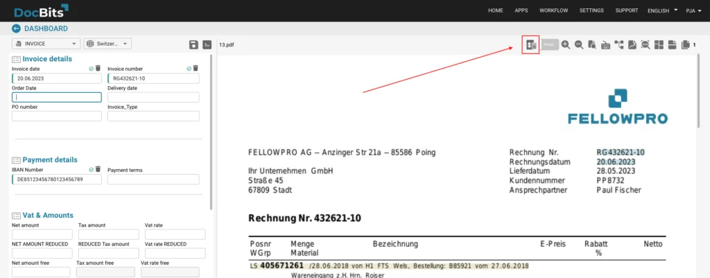 DocBits Dashboard mit eingehender Lieferantenrechnung — automatisierte Rechnungsverarbeitung für Kreditorenbuchhaltung in Infor und SAP