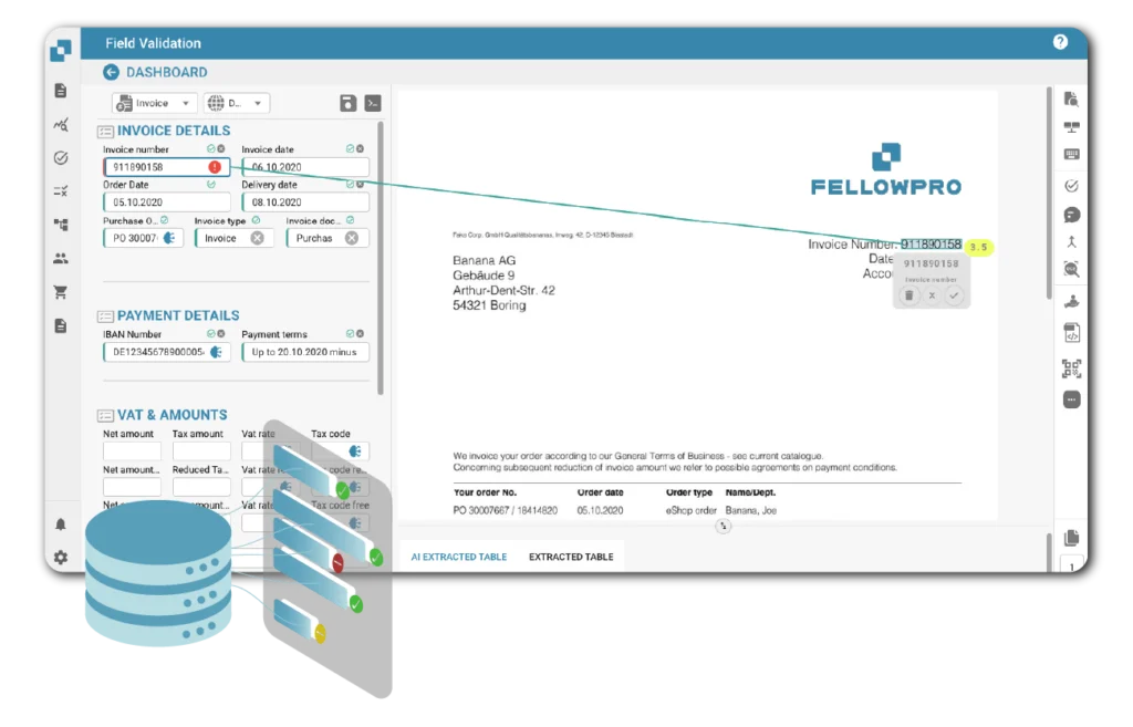 DocBits automatically extracts and validates XInvoice fields — invoice number, payment details, VAT and amounts mapped directly to ERP
