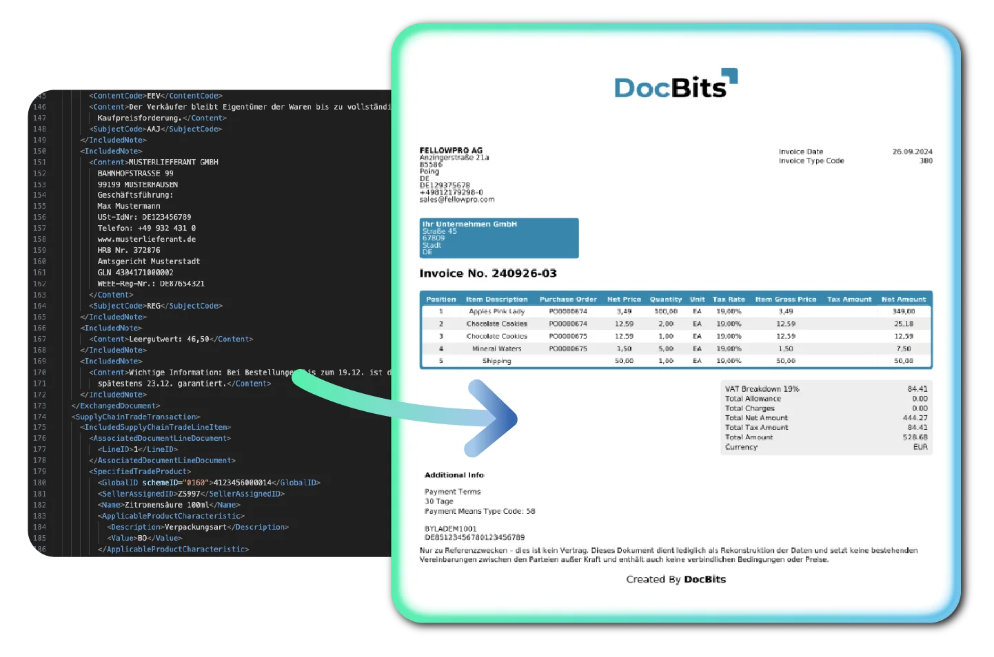 E-invoice processing in DocBits — XML data from XRechnung automatically converted into a structured invoice preview