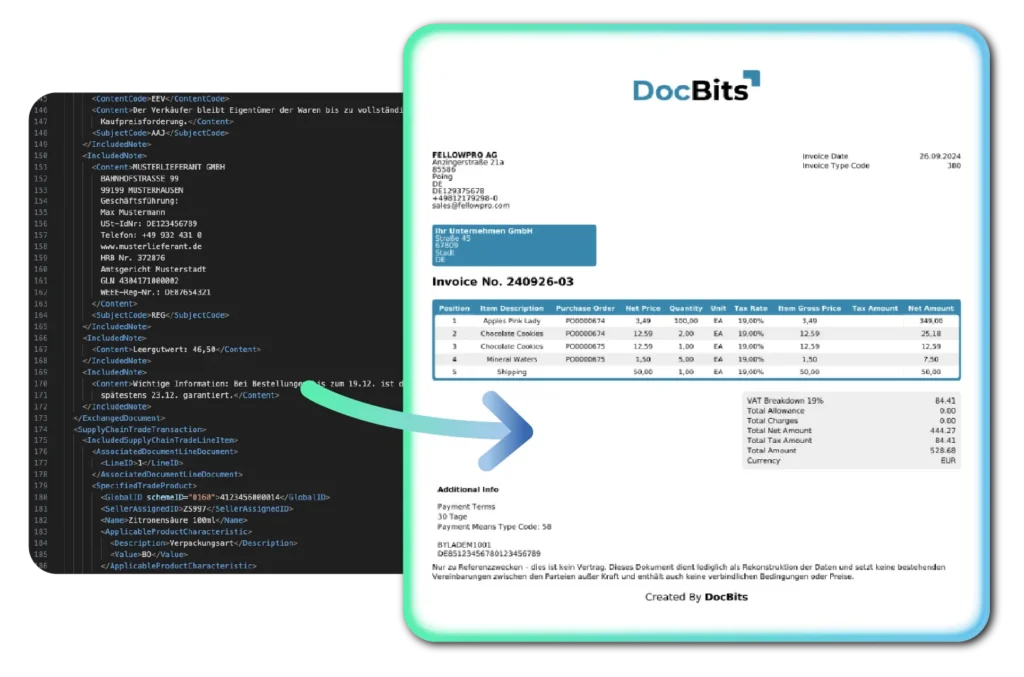 DocBits converts raw XInvoice XML into a clean, readable invoice view — no technical knowledge needed