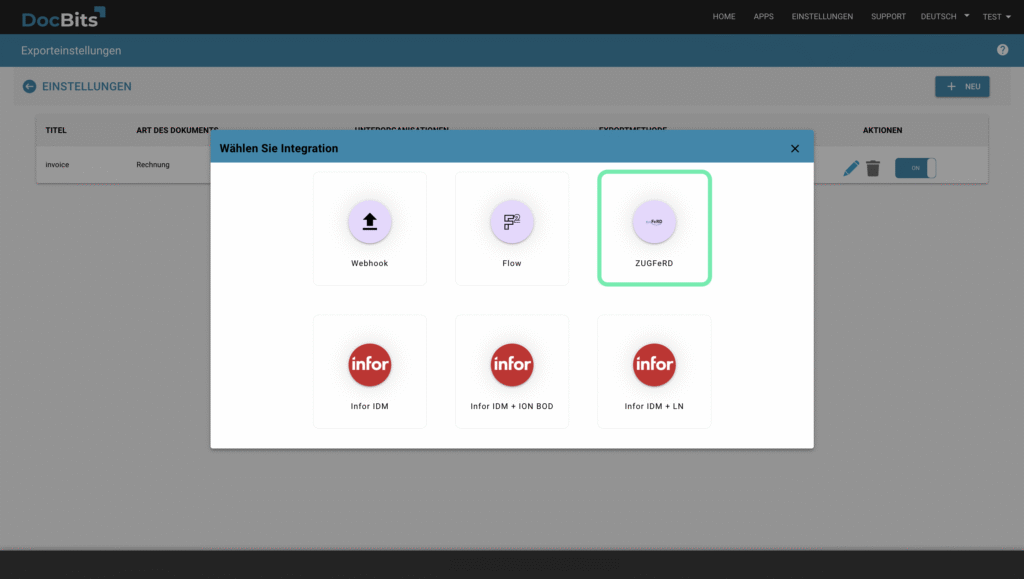 DocBits ERP-Integrationsscreen mit Verbindungsoptionen für Infor LN, Infor M3, Infor CloudSuite und SAP zur ZUGFeRD-Rechnungsbuchung